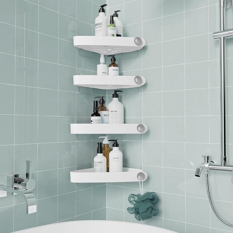 Sotfamily 4 Packs Corner Shower Caddy No Drill Adhesive Rust Free Plastic White