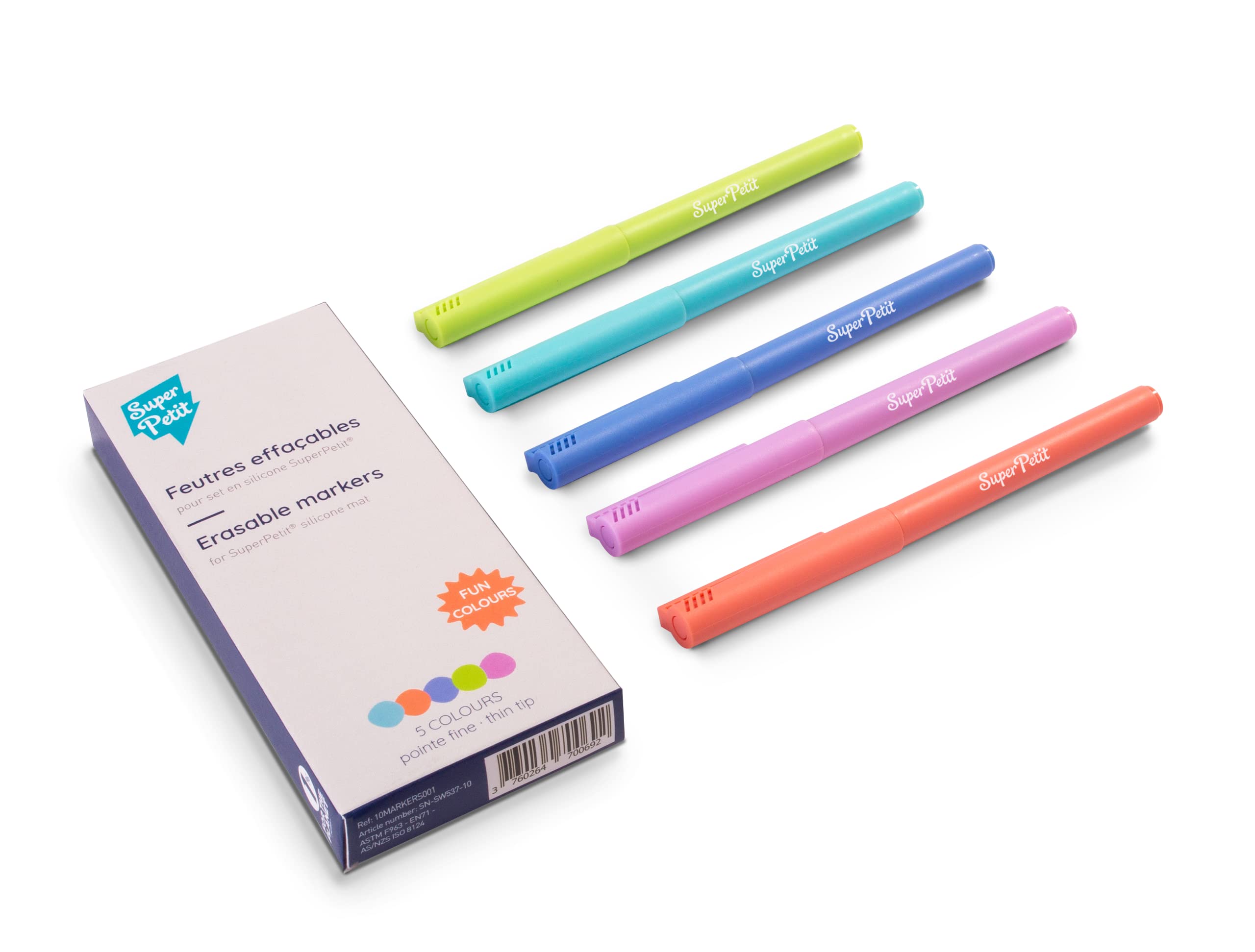 SUPER PETIT - 5 Fine Dry-Erase Pens - for Silicone and Whiteboard Set - Pastel Trendy Colours: Turquoise - Coral - File - Navy Blue - Mauve - For ages 3 years and above.