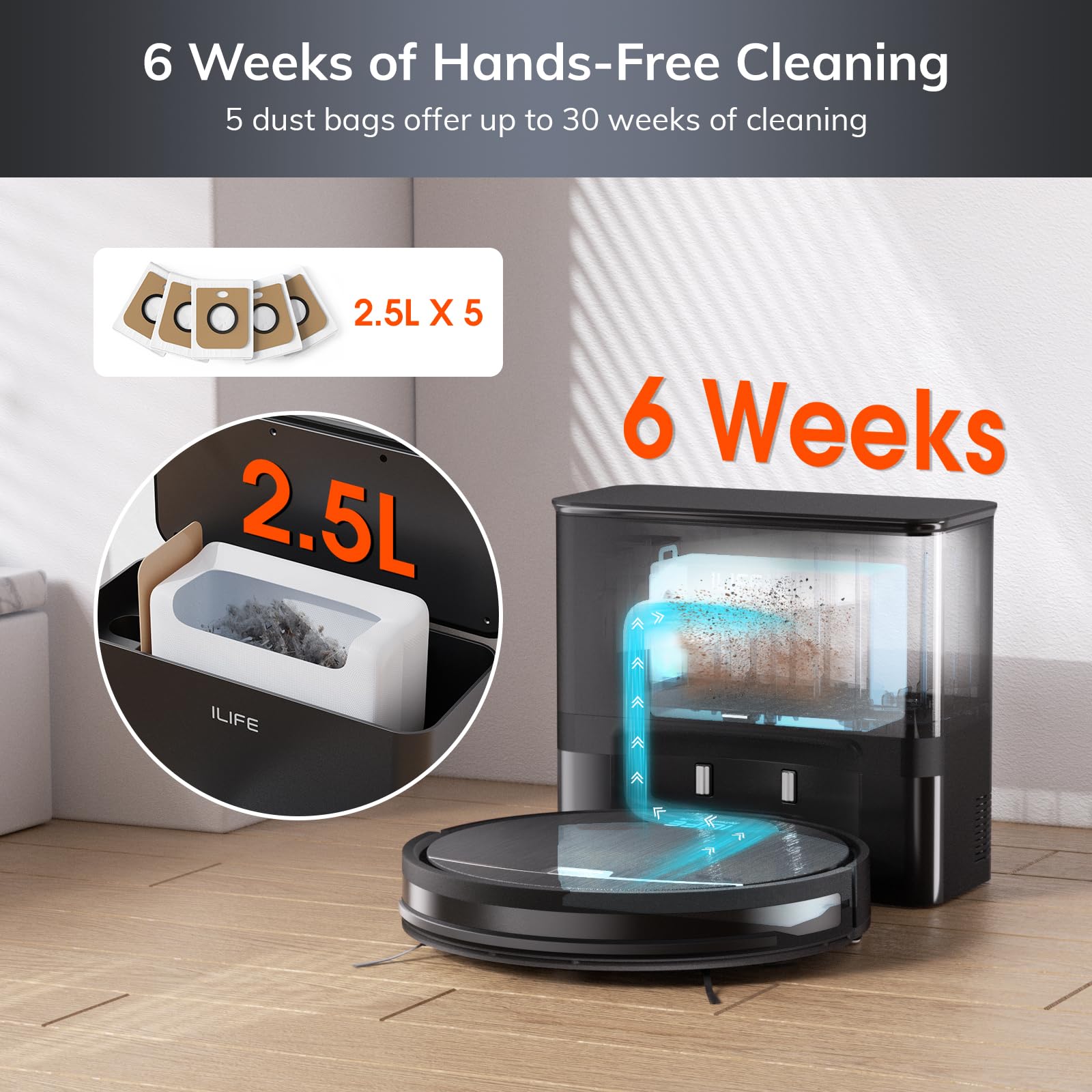 ILIFE V9 Pro Robot Vacuum and Mop Combo, Self Emptying Robot Vacuum Cleaner, 3000Pa Strong Suction, Gyro Navigation, App/Alexa/Remote Control, Works with 2.4G Wifi, Ideal for Hard Floors, Black - Image 2