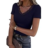 Dlaboonba Womens Lace V Neck Tops Short Sleeve Ribbed Knit Top Summer Slim Fit Casual T Shirts Blouse