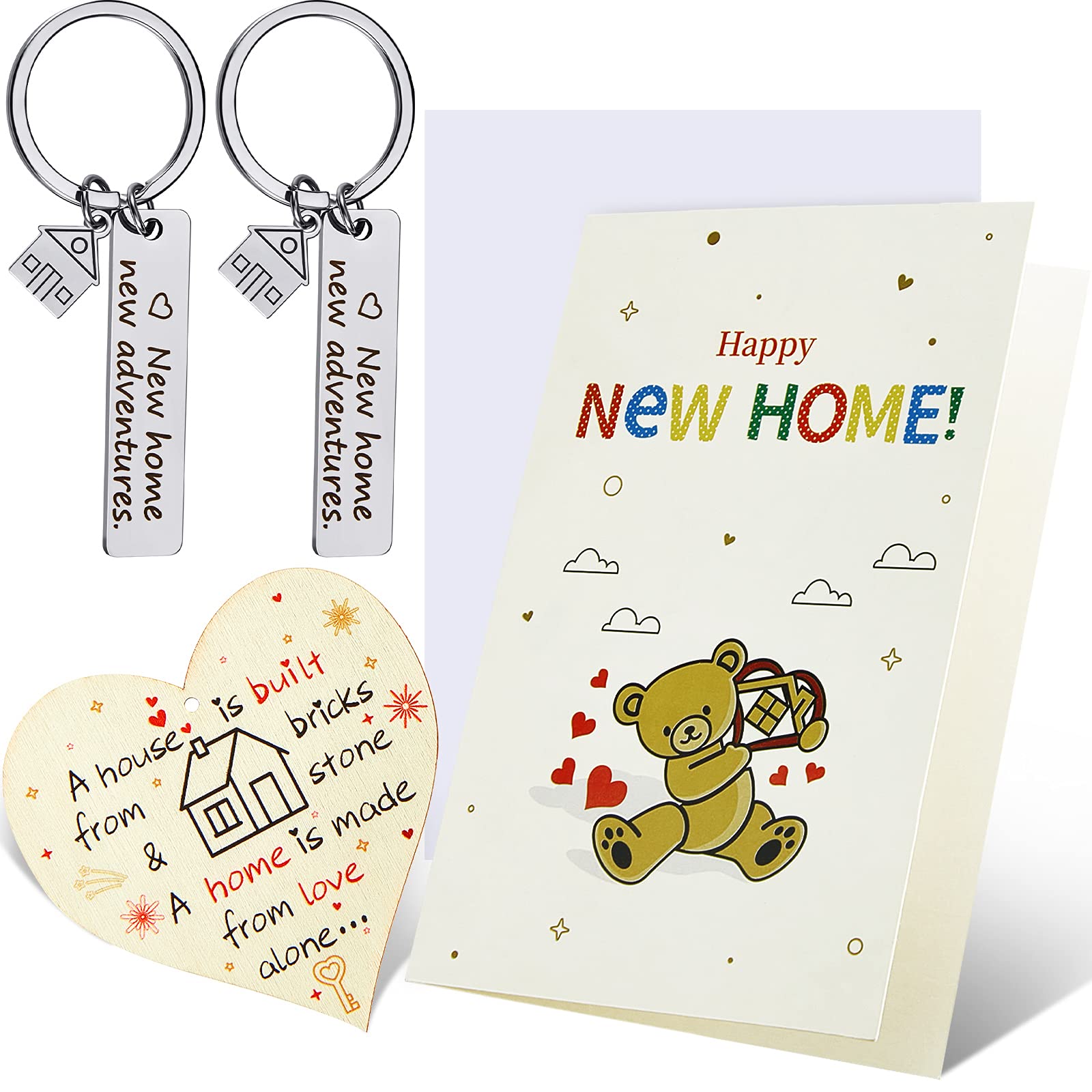 Jadive New Home Decoration Set Including 2 Pieces New Home Adventures Keychain and Cards with Envelope Wooden Hanging Heart Sign Plaque with Rope for Housewarming Decorations