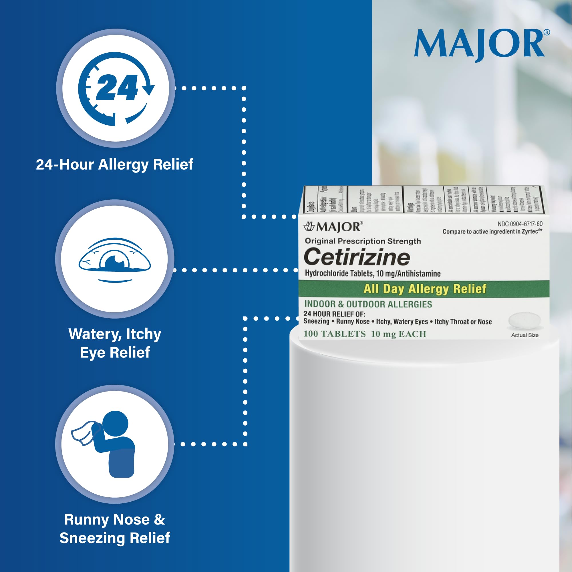 MAJOR Cetirizine Hydrochloride Tablets - 24 Hour Indoor and Outdoor Allergy Relief for Sneezing, Watery Eyes, Itchy Throat or Nose - 10mg - 100 Count (1 Pack)