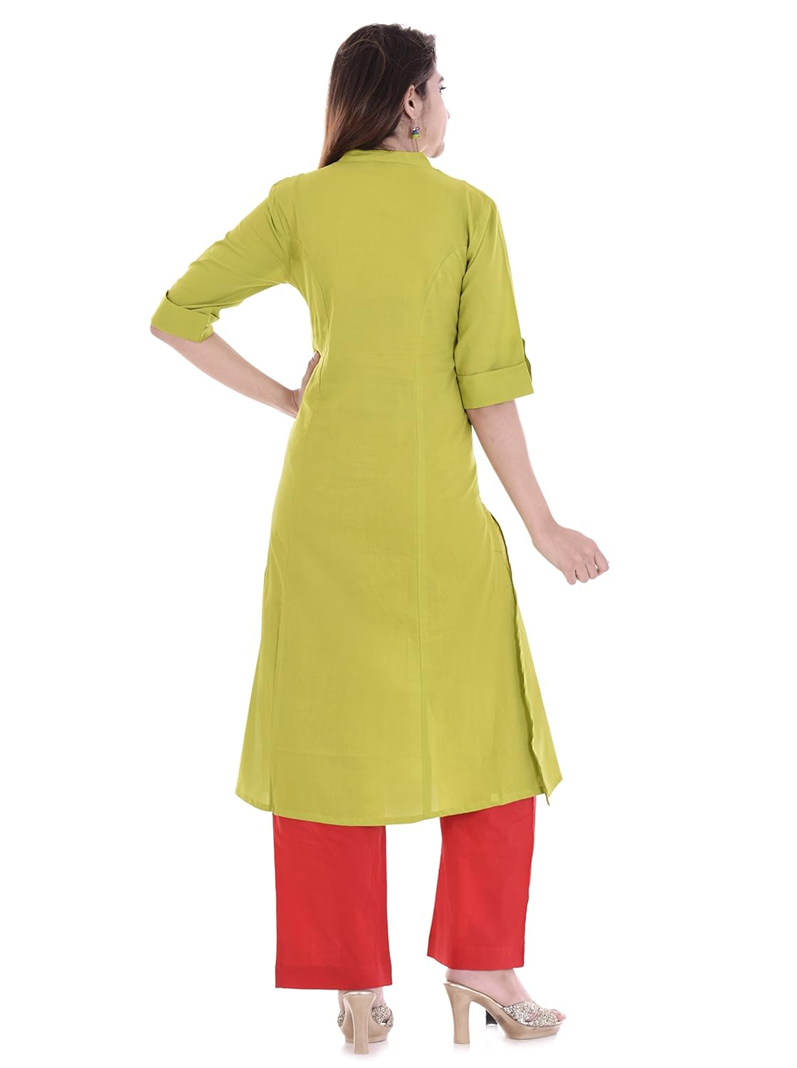 palakh women's cotton light green front button kurti with red palazzo