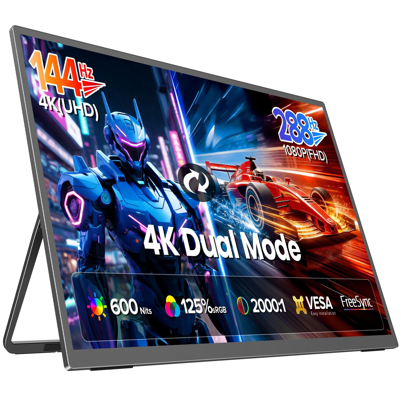 UPERFECT Portable Monitor 27”, Dual Mode 4K UHD 144Hz/FHD 288Hz Gaming Monitor, 0.1ms FreeSync, 600 Nits, 125% sRGB, USB-C & HDMI 2.1 & DP 1.4, Large Second Screen for Laptop, Computer, Game Consoles Image