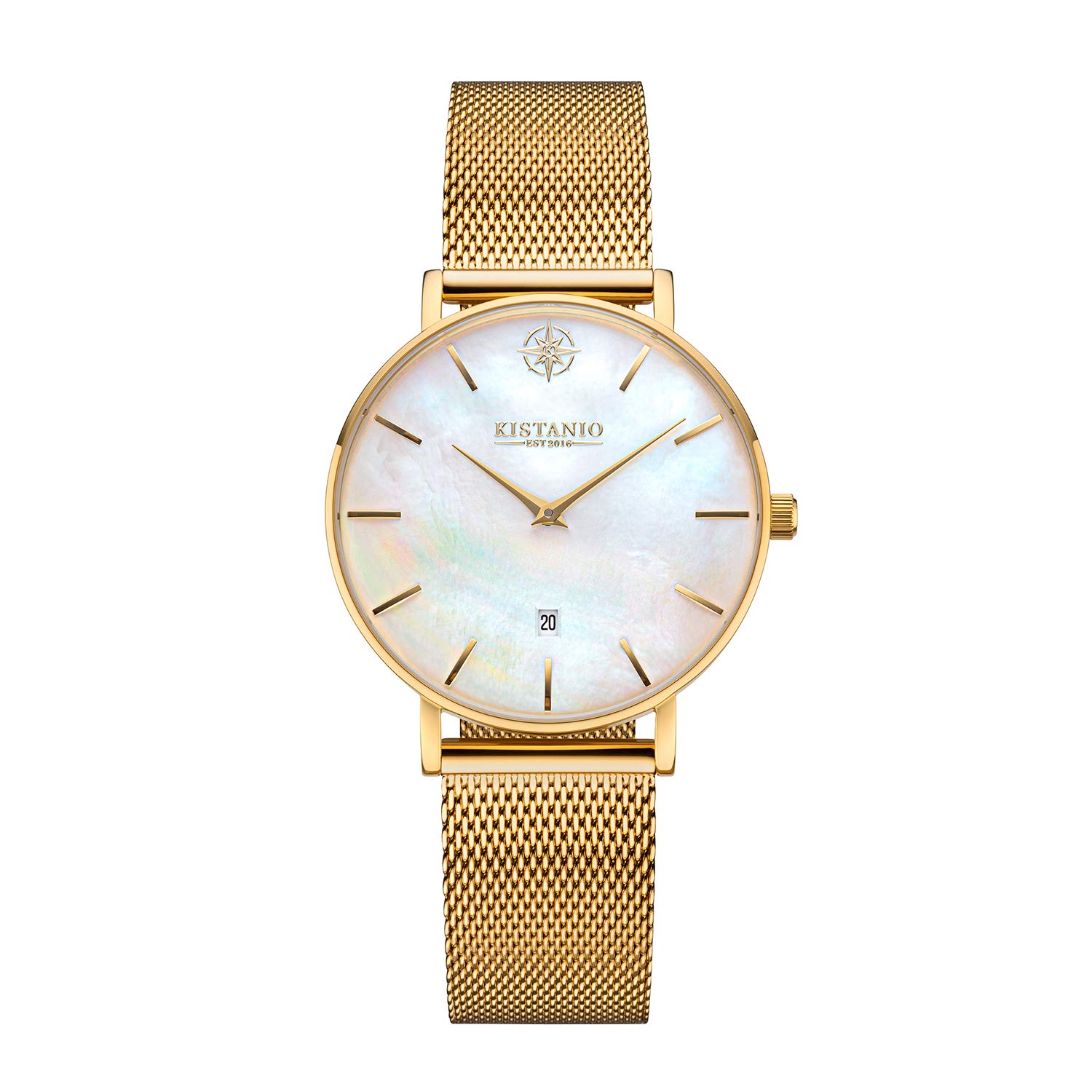 Kistanio Petit Flat Women's Watch with Milanese Strap Sapphire Glass 33 mm Diameter Stainless Steel Date in Various Designs, Gold / Mother of Pearl, Bracelet