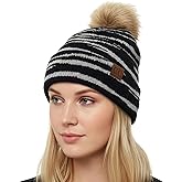 Funky Junque Women’s Pom Pom Beanie – Soft Knit Winter Hat for Women & Teens, Leopard & Zebra Fashion Animal Print Beanies