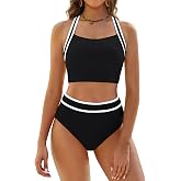 BMJL Womens High Waisted Bikini Set Two Piece Swimsuit Sporty Bathing Suit | Color block cropped top with adjustable straps,modest high rise bottom,swim suits for women 2026 tummy control