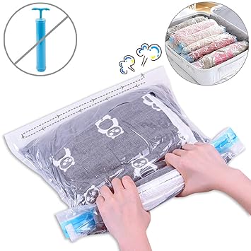 MOKIU 9tlg Reise Vakuumbeutel zum Rollen per Hand Aufbewahrungsbeutel Reise Vakuum Beutel für Reise und Kleidung, Decken, Han