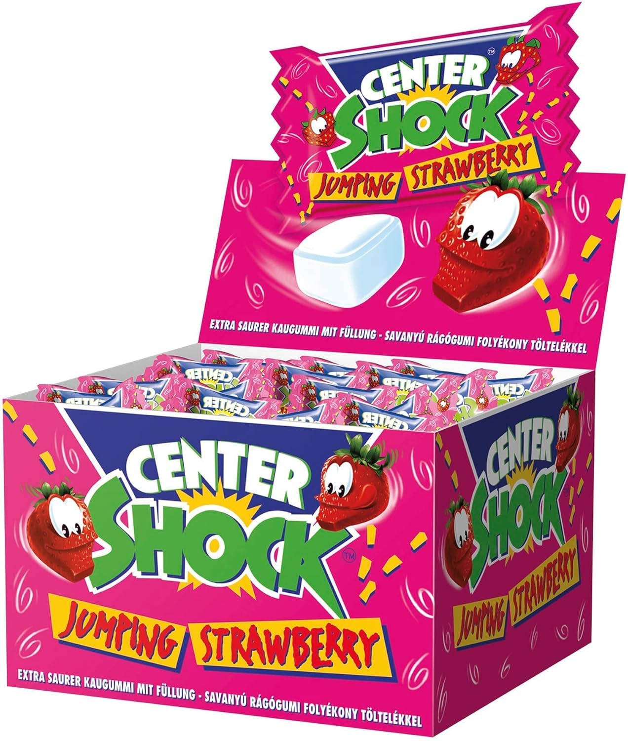 Center Shock Jumping Strawberry, Box mit 100 Kaugummis, extra-sauer mit Erdbeer-Geschmack, geeignet für Geburtstag, Pinata, Partys, Weihnachten und Halloween, 400g