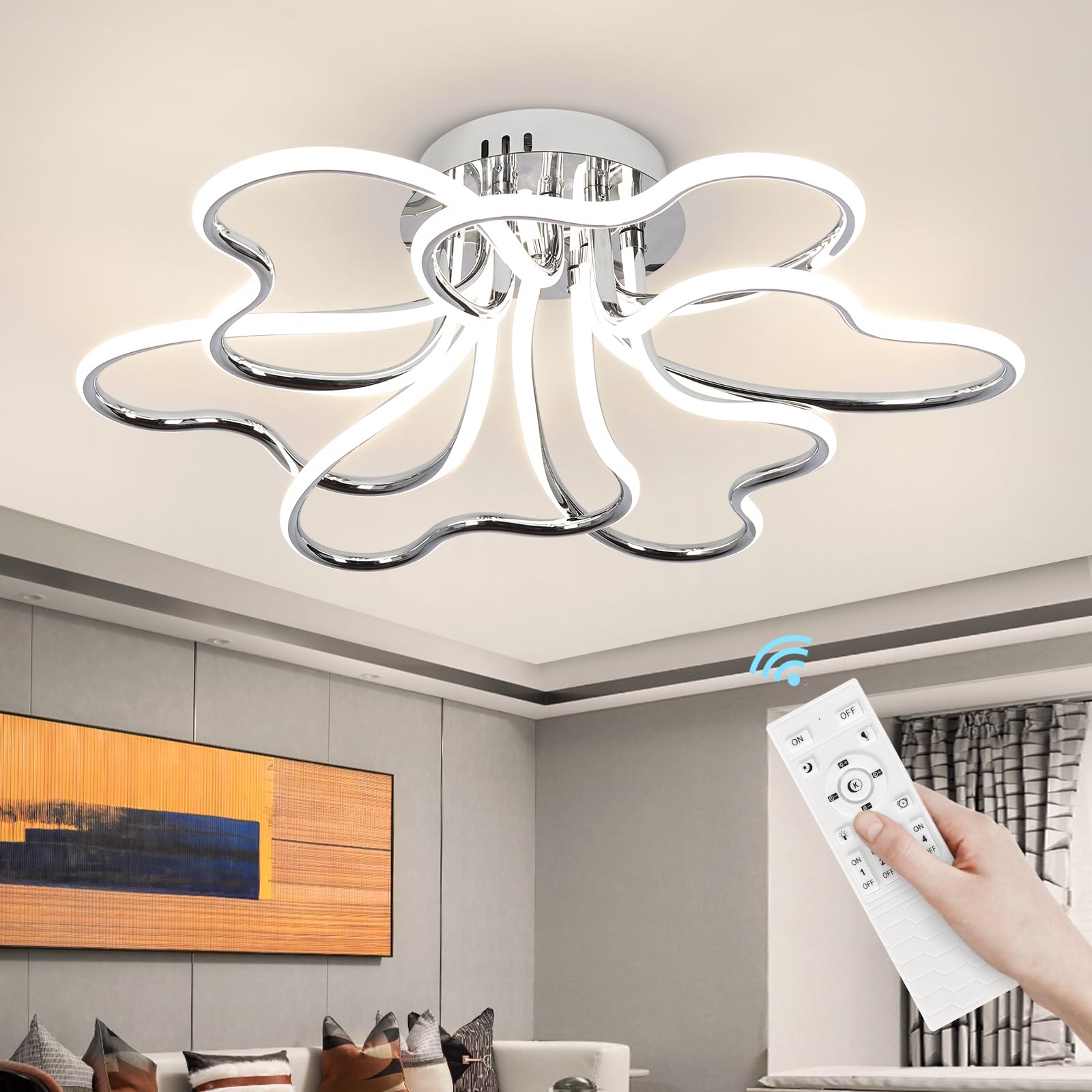 Photo 1 of Vloitgol Modern Ceiling Light, 25” Dimmable Close to Ceiling Light Fixtures with Remote, 6 Heads Sliver Flush Mount Ceiling Lamp for Bedroom Study Kitchen Living Room 52W