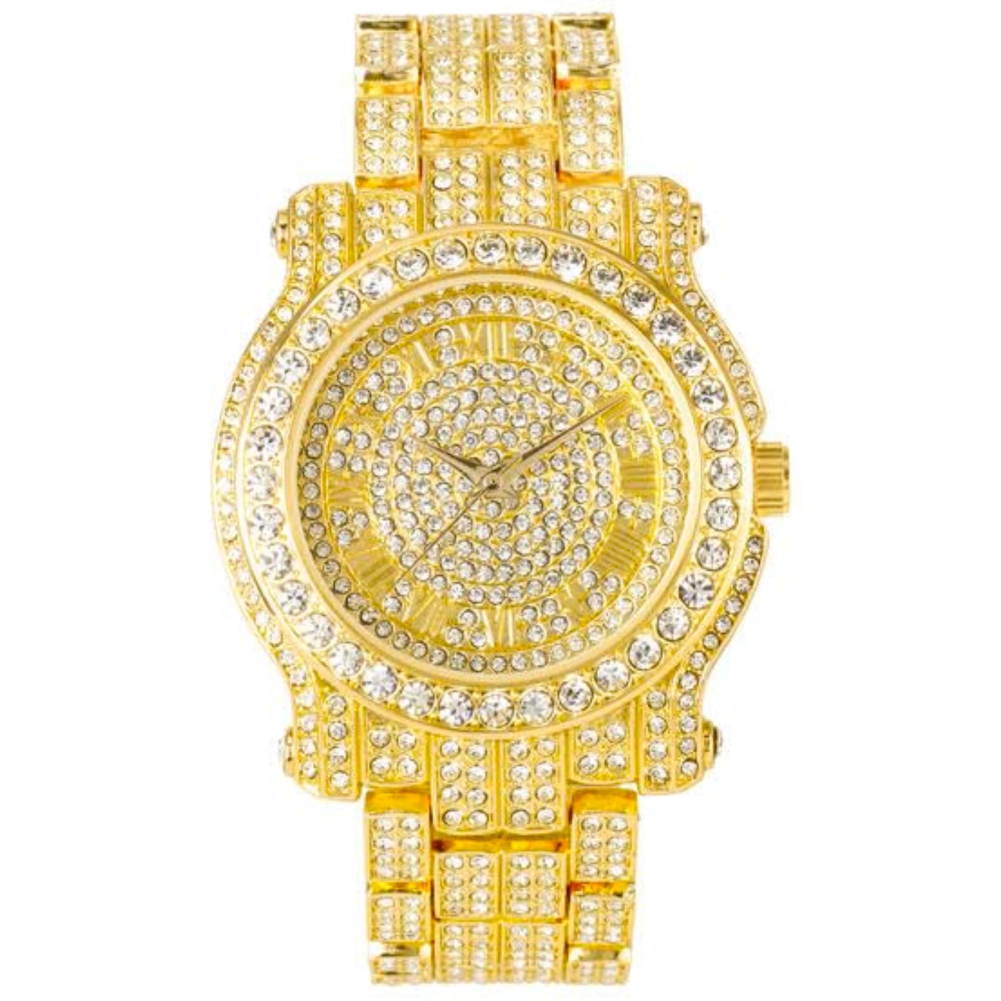 45mm Iced Diamond Pave Watch with Adjustable Band Flooded with Simulated Lab Diamonds,14k Gold, Silver, and Two-Tone Finish, mens-standard, Quartz Movement