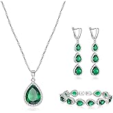 Crysdue Cubic Zirconia Teardrop Pendant Necklace Long Earrings Tennis Bracelet Set, Sparkle Classic Prom Wedding Jewelry Set for Women Brides Bridesmaid