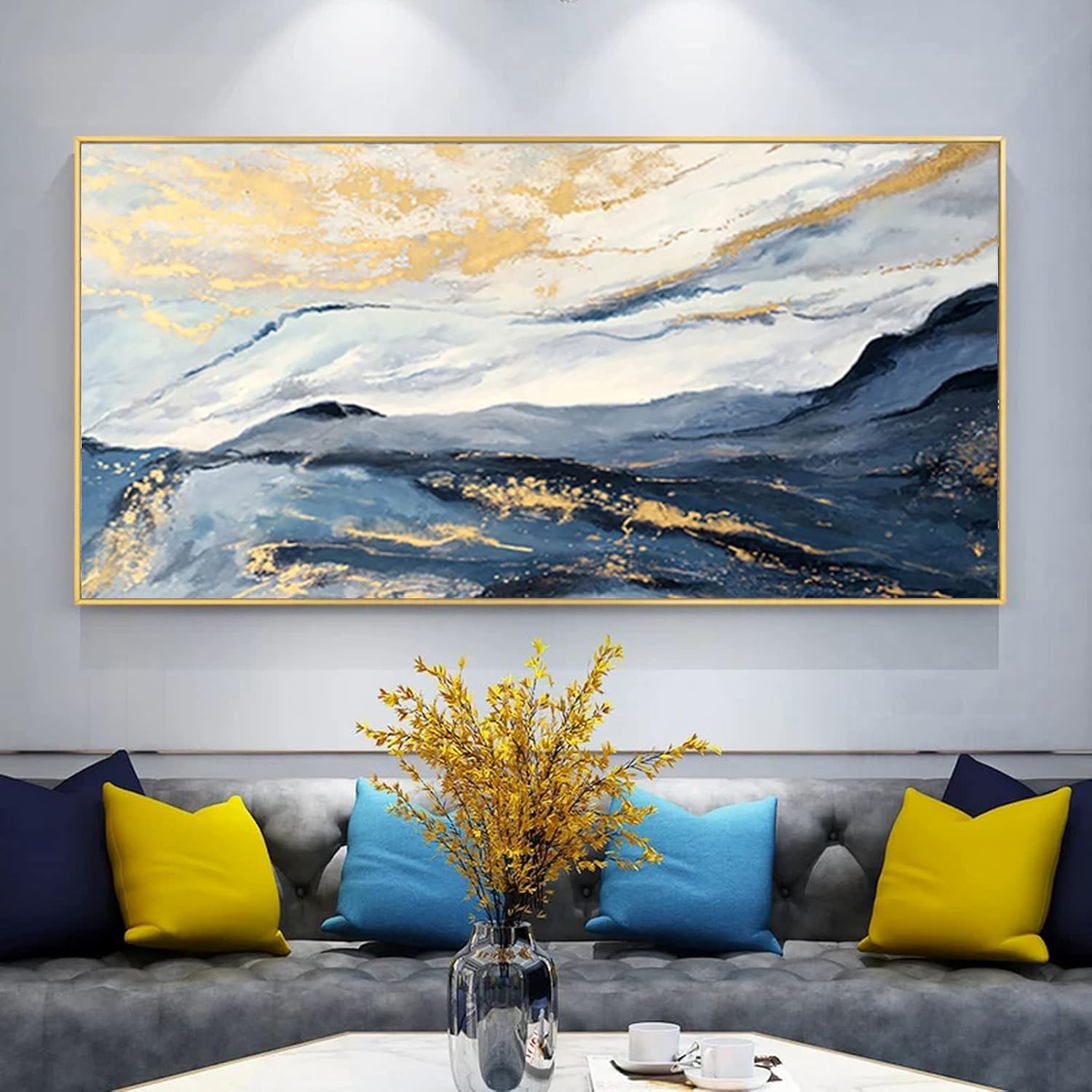 Paintings - Blue and Gold Abstract Canvas Art Wall for Living Room-Framed Blue Mountain Oil Painting for Bedroom -Modern Landscape Wall Decor for Office,Kitchen Ready to Hang 20x40 inches