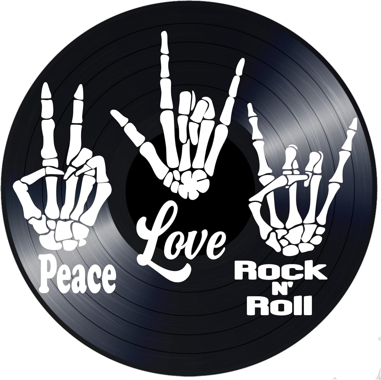 Mixed Media - Peace, Love, Rock and Roll Skeleton Sign Language Hands on a Vintage LP Vinyl Record Wall Repurposed Record Wall Decor