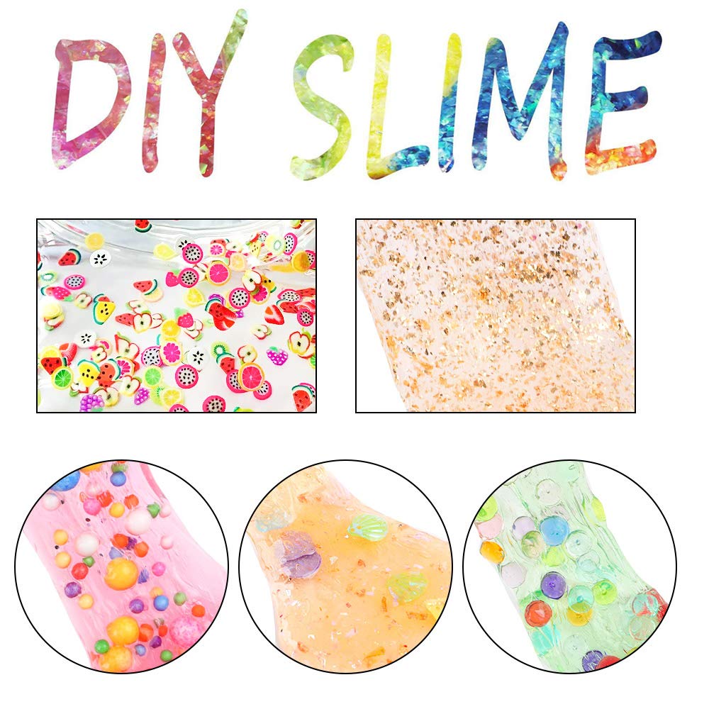 HOLICOLOR 110pcs Slime Making Kit, Add Ins, Accessories, Glitter, Foam Balls, Fishbowl Beads, Sequins, Shells, Candy Charms, Cups for Slime Party