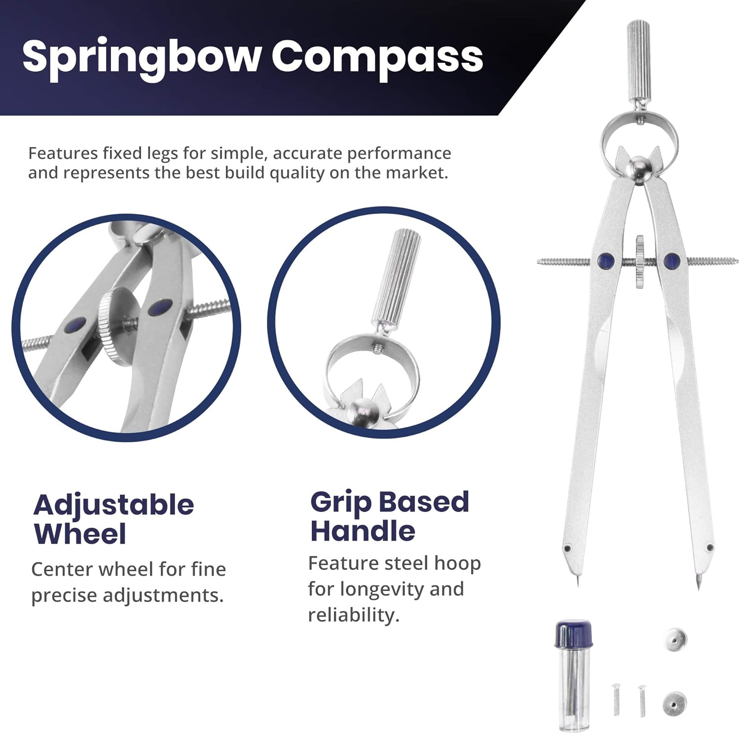 Pacific Arc Metal Professional Compass, Perfect Spring Bow Compass for Math, Geometry, or Drafting, Up to 8" Diameter Large, Comes with Lead and Lock: Home & Kitchen