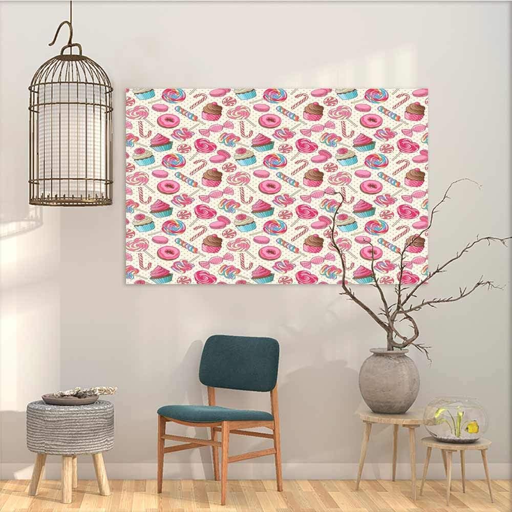 Art oil painting sticker Murals Candy Cane Yummy Sweet Lollipop Candy Macaroon Cupcake and Donut on Polka Dots Pattern for Home Decoration Wall Decor Multicolor W35"xL23"