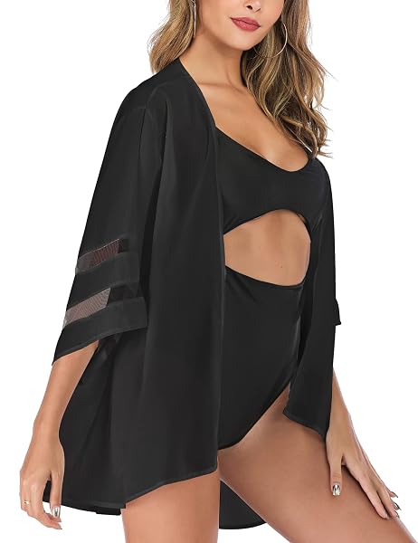 YNIMIOAOX WOMEN’S 3/4 SLEEVE FLORAL KIMONO CARDIGAN, SHEER LOOSE CAPES, CASUAL BLOUSE TOPS,M16-PURE BLACK,X-LARGE