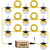 G GJIA 100FT Construction String Lights, IP65 Waterproof ETL Certified LED String Work Lights, 5000K Daylight 18AWG Wire Linkable Temporary Construction Lighting for Jobsite with 10 Bulbs & Hooks