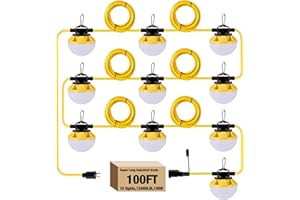 G GJIA 100FT Construction String Lights, IP65 Waterproof ETL Certified LED String Work Lights, 5000K Daylight 18AWG Wire Linkable Temporary Construction Lighting for Jobsite with 10 Bulbs & Hooks
