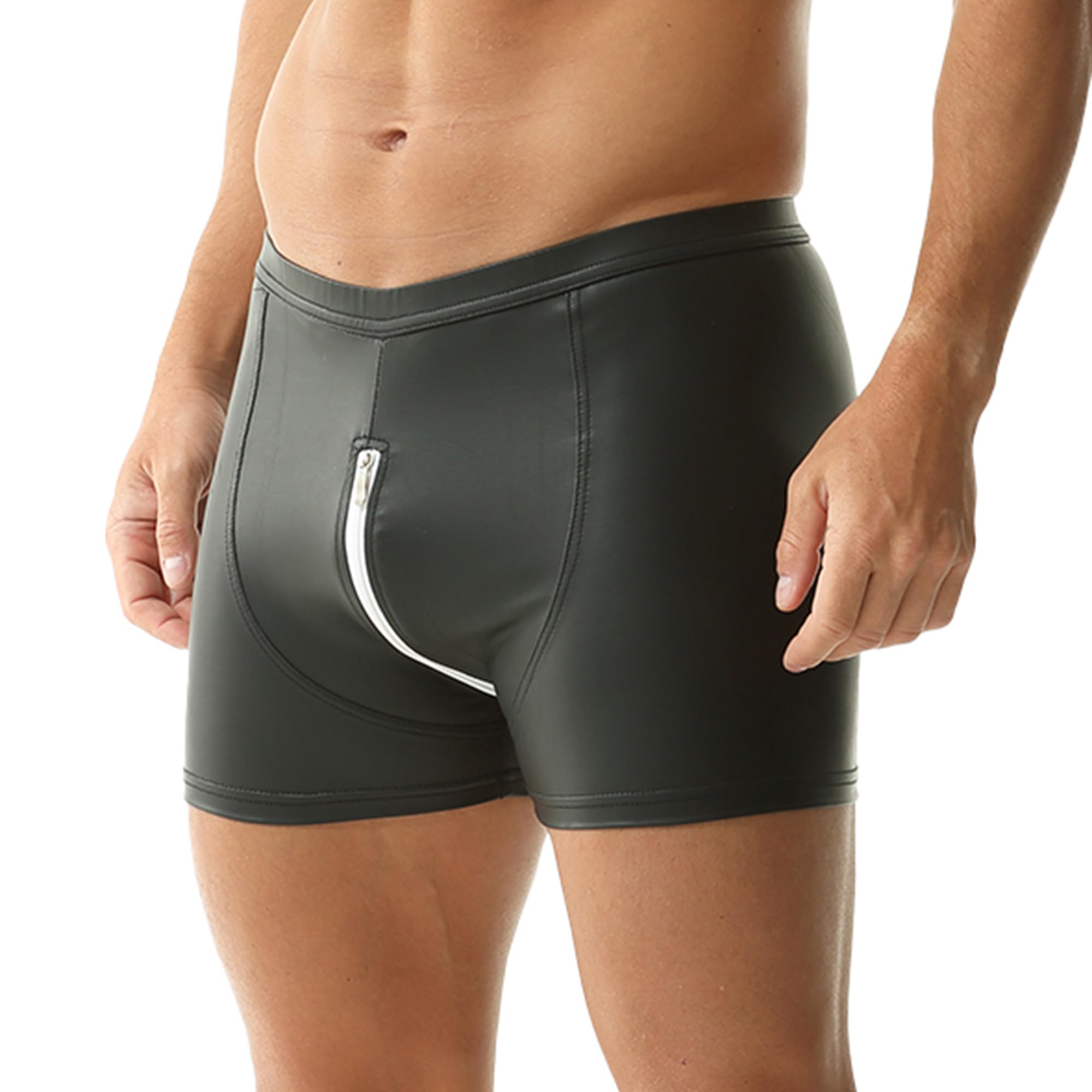 Photo 1 of YOOBNG Men's Faux Leather Boxer Shorts Rave Shorts Zipper Closed Open Front and Back Short Pants Clubwear