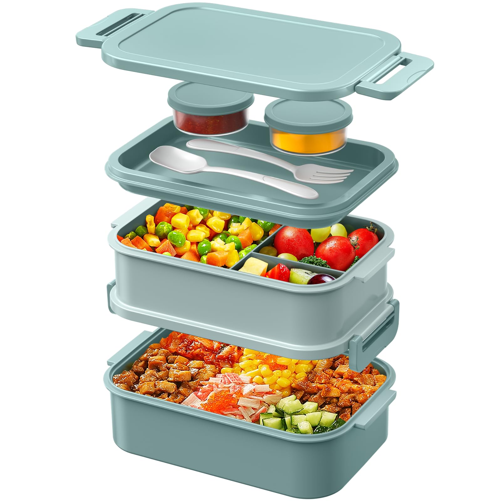 WayEee Lunch Box Adults,2130ml Large Capacity Bento Lunch Box with Compartments, 3 Layers Leak-Proof Bento Box for Office, School(Green)