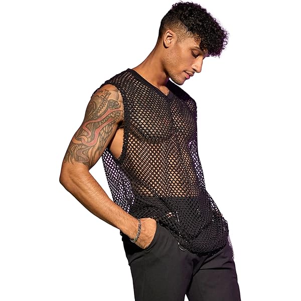 WDIRARA Men's Hollow Out Mesh Sheer T Shirt Fishnet V Neck Short