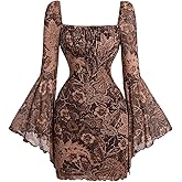Milumia Women's Paisley Print Square Neck Bell Long Sleeve Dress Vintage Bodycon Mini Dresses