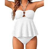 Jolefille Womens Bandeau Tankinis Swimsuit 2 Piece Tummy Control Bathing Suit Full Coverage High Waisted Bikini Set Swim Suit