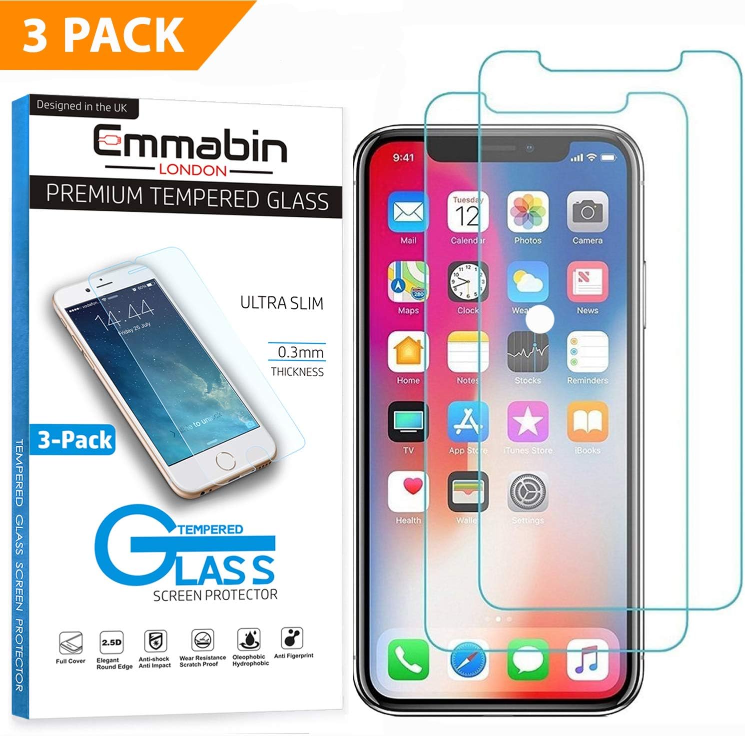 Emmabin [3 Pack iPhone X Screen Protector, 0.26mm 9H Tempered Glass Screen Protector Anti-Shatter Film for iPhone X [3D Touch Compatible] Mode：EBiX3P01