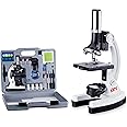 AmScope 120X-1200X 52-pcs Kids Beginner Microscope STEM Kit with Metal Body Microscope, Plastic Slides, LED Light and Carryin