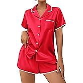 Ekouaer Women's Satin Pajamas Set 2 piece Silky Sleepwear Buttton Down Short Sleeves Top and Shorts Pj Set S-XXL