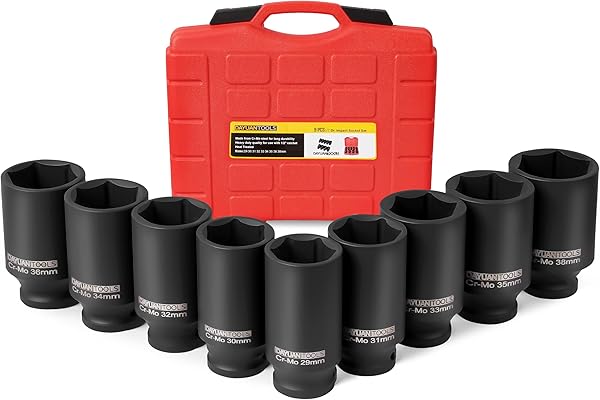 DAYUAN 9 Pcs Axle Nut Hub Impact 1/2" Drive Deep Impact Socket Set | 29 30 31 32 33 34 35 36 38mm, 6-Point Design,Locking Hol