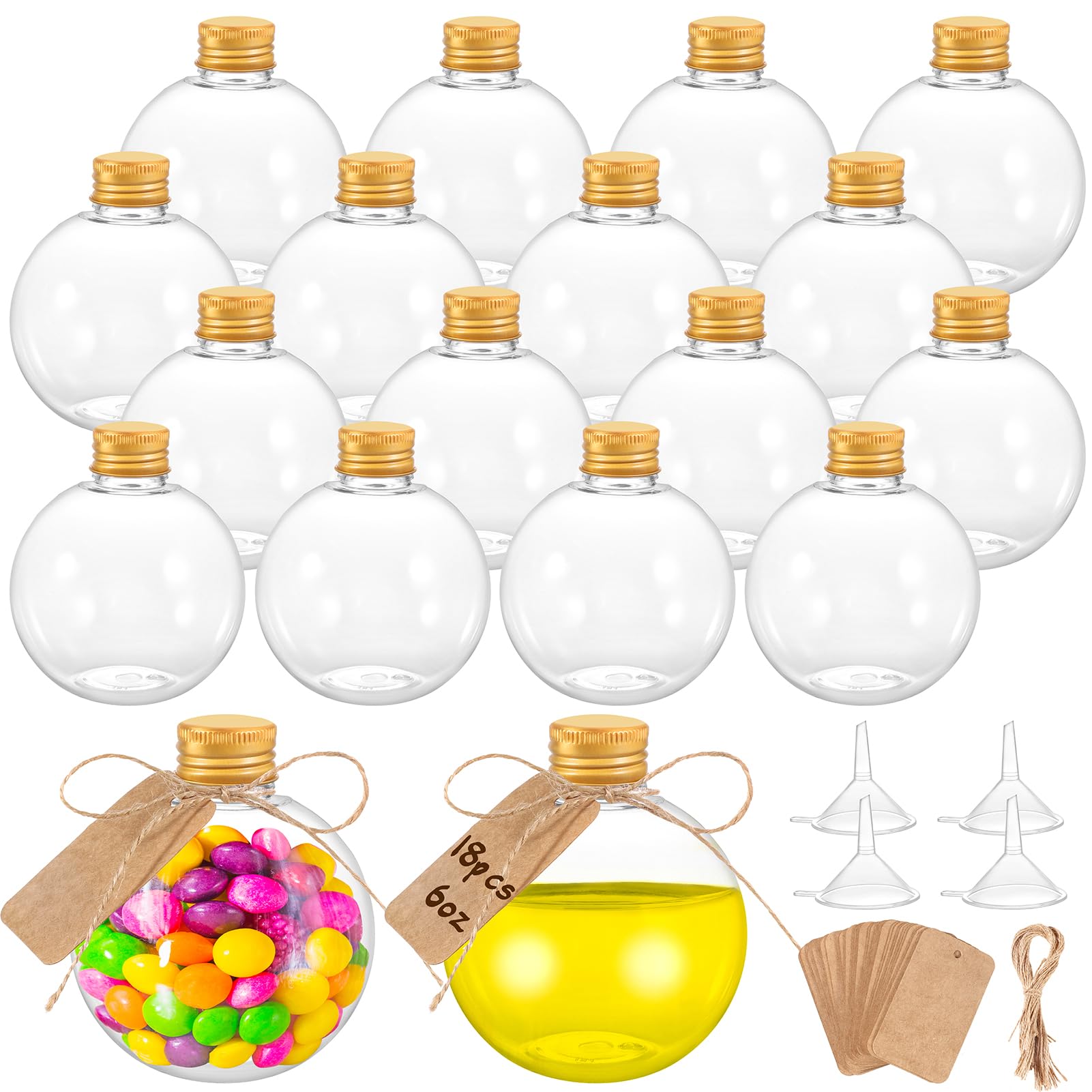 Photo 1 of 18 Pcs 6 oz Spherical Plastic Potion Bottles Ball Shape Sand Art Bottles with Funnel Christmas Booze Balls Cocktail Ornament Balls Candy Jar for DIY Wedding Party Crafts Decoration(Gold, Aluminum Cap)