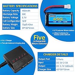 AMZZN 5PCS 3.7V 450mAh 30C Lipo Battery with 5-in-1