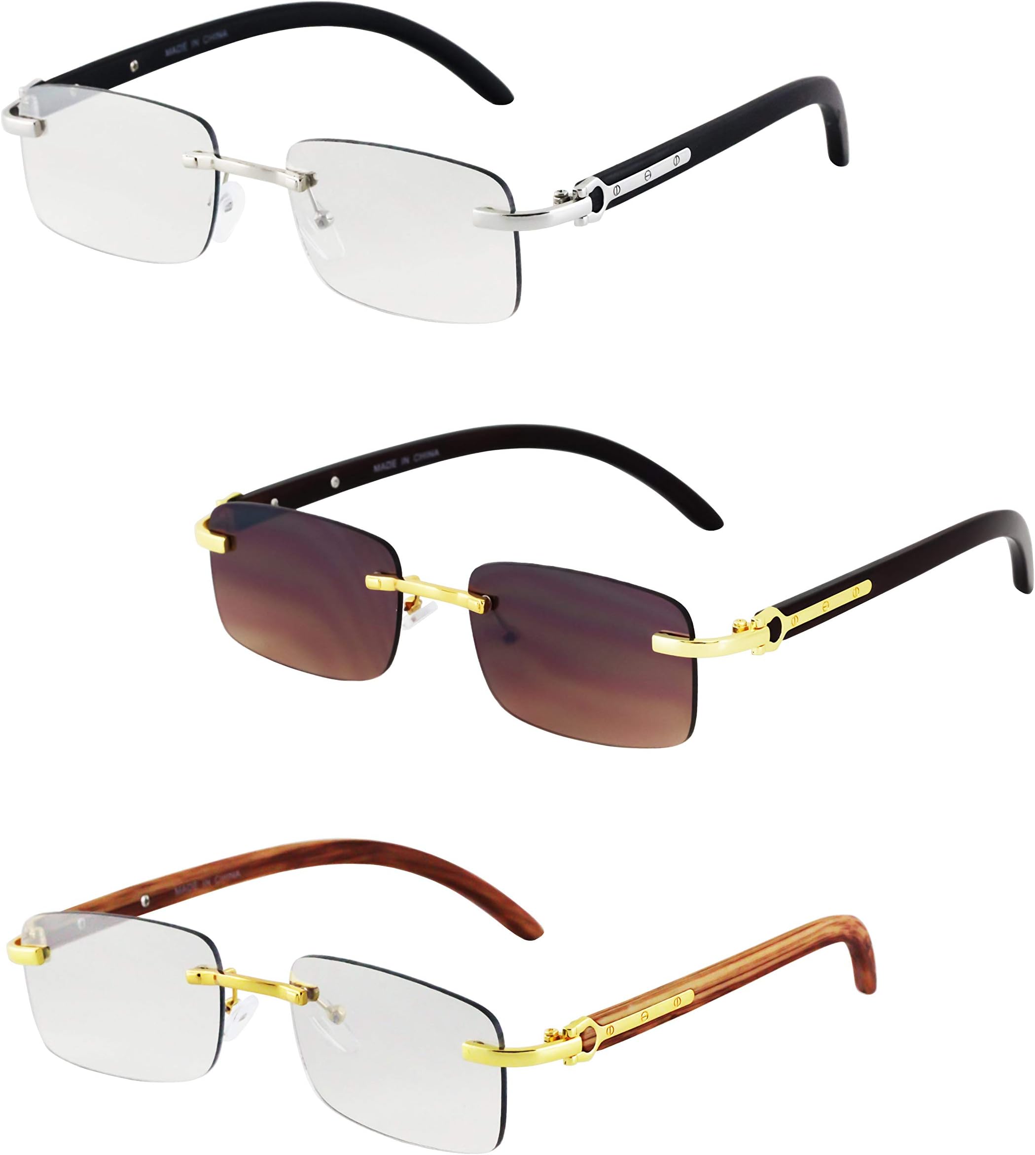 FLAWLESS EYEWEARRetro Wood Buffs Vintage Style Gangster Rimless Clear Lens Rectangular Metal & Wood Eye Glasses
