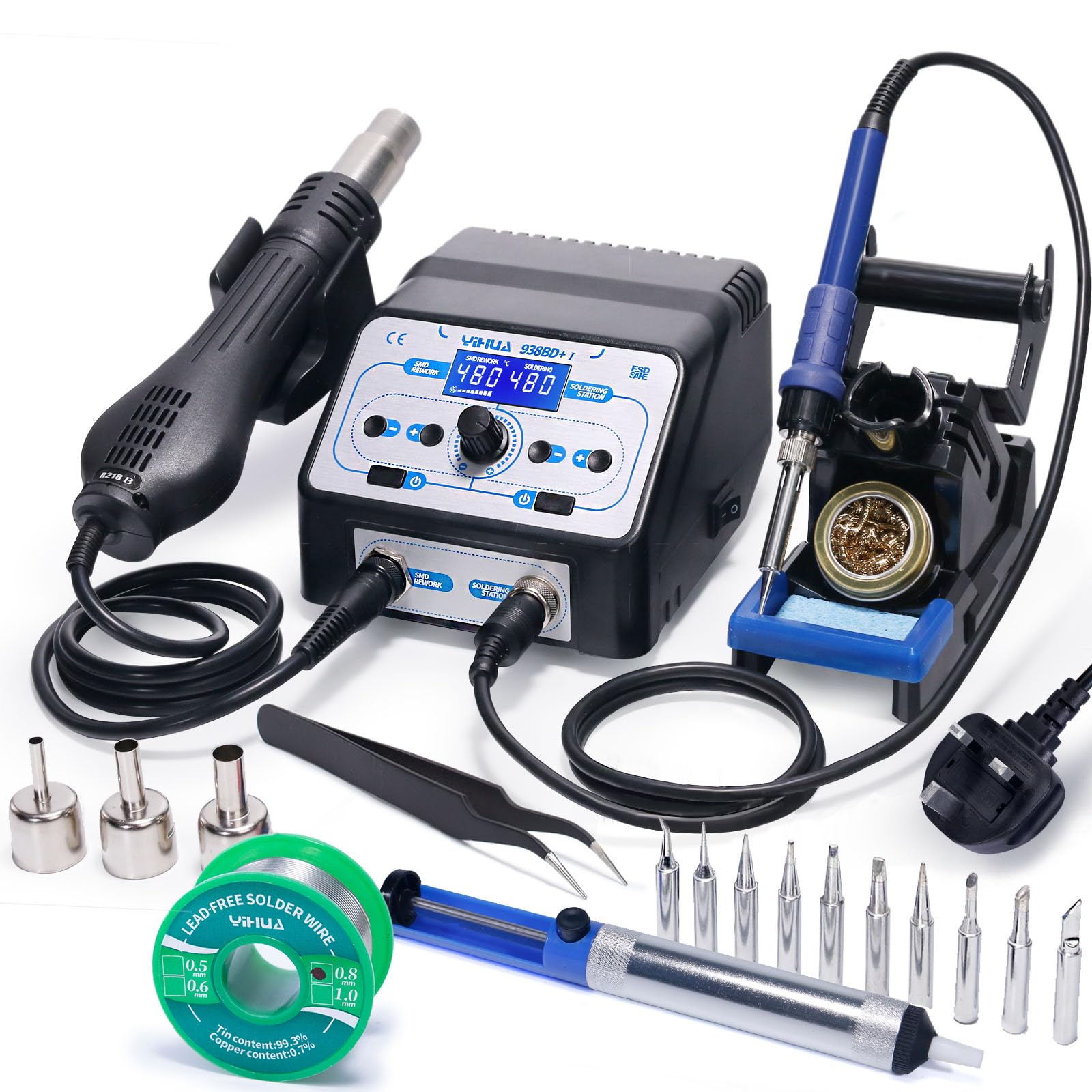 YIHUA 938BD+ I Soldering Iron Station & Hot Air Rework Station 2-in-1 w Adjustable Temperature Temperature Calibration Hot Air Start/Stop Sleep Mode LCD Display for Soldering Rework DIY UK Plug