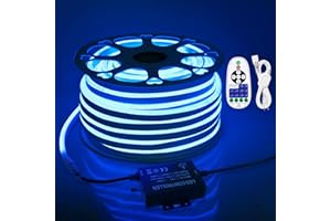 Samsion 45m Neon LED Rope Lights Outdoor Waterproof 150ft AC110V~130V Blue Neon LED Flexible Rope Lights with Dimmable Controller LED String Lights Strip for Outside Bedroom Garden Building Yard Decor