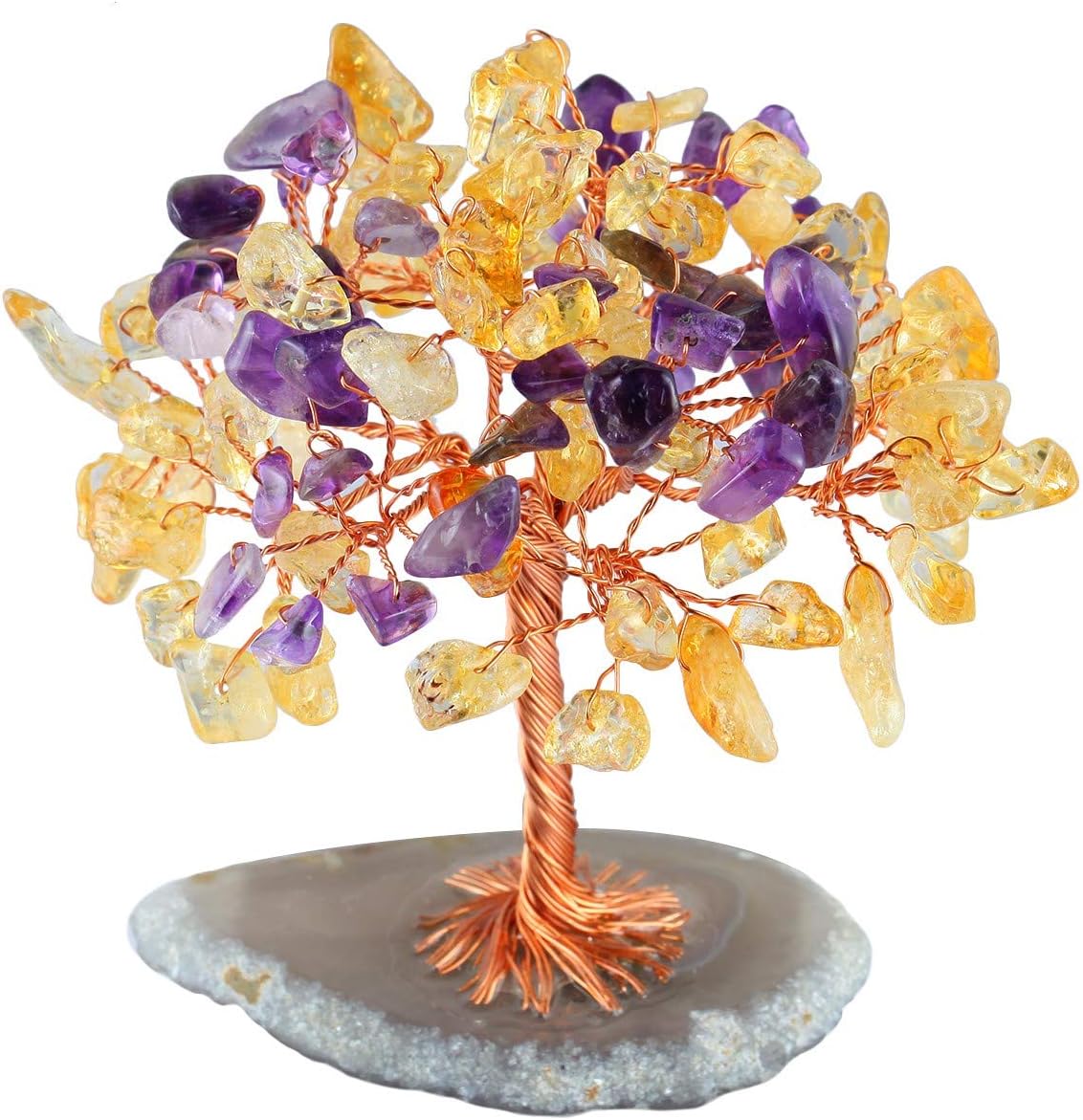 mookaitedecor Natural Amethyst Citrine Tumbled Stones Money Tree,Gemstone Feng Shui Ornaments Healing Crystal Tree Figurines,Agate Slice Geode Quartz Stand