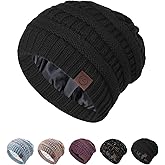 Durio Satin Lined Beanie for Women - Windproof Slouchy Winter Hat Silk Lining Soft Knit Warm Fashionable Knit Hat