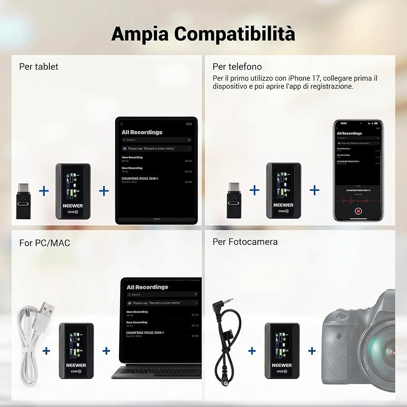 CM28 Microfono Lavalier Wireless con Anti Rumore Smart, Registrazione Non Compressa a 48kHz/16bit per 9h, Portata 200m, Memoria 4GB per iPhone Android Fotocamera,1 RX+ 2 TX + Custodia Ricarica