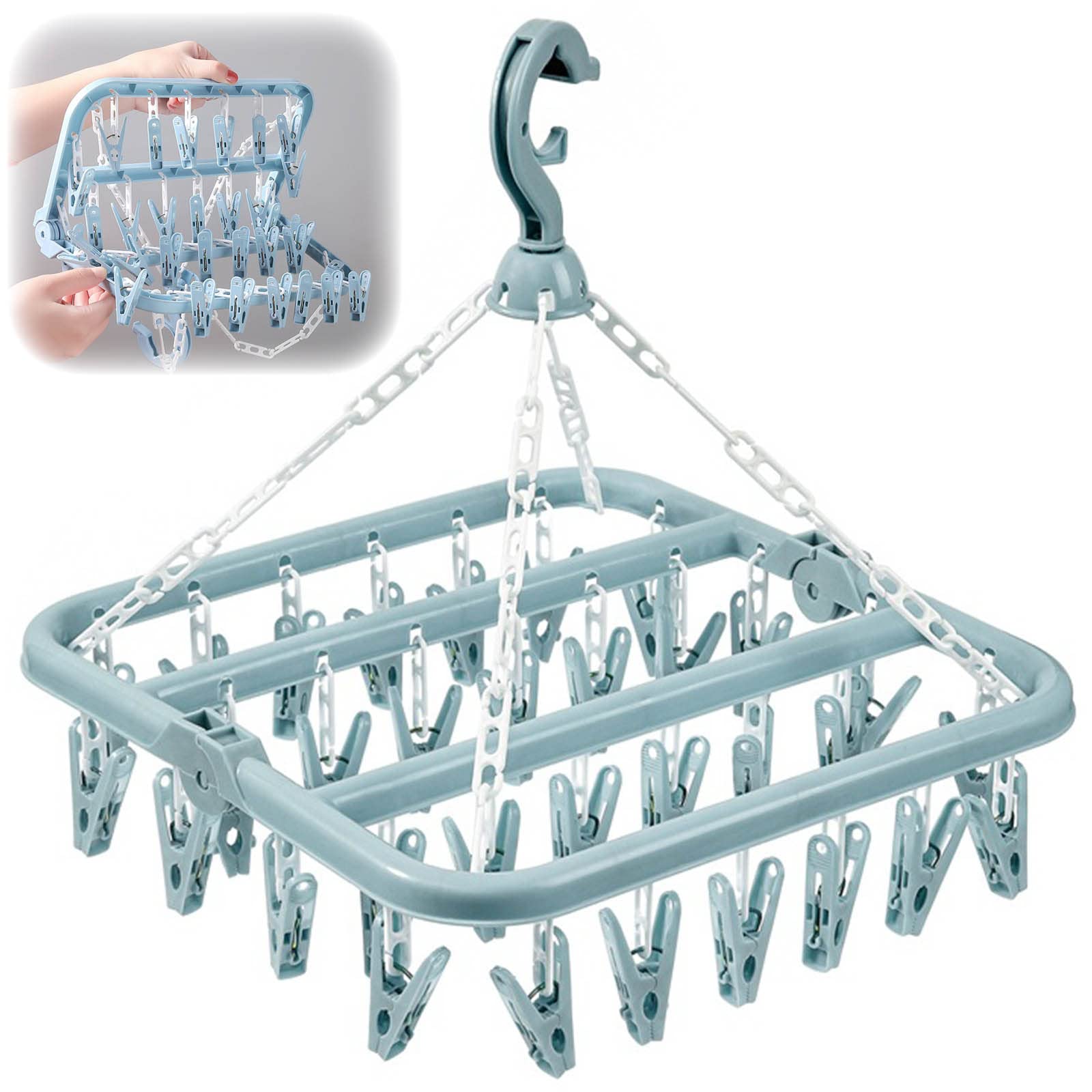 MENFENG Clothes Drying Hanger and Drip Foldable Hanging Sock Rack（32 Clips ） Multifunction clothes drying rack，Rotary Wind-sock hanger for washing line，for Socks, Underwear, Bras, Baby Clothes (Blue)