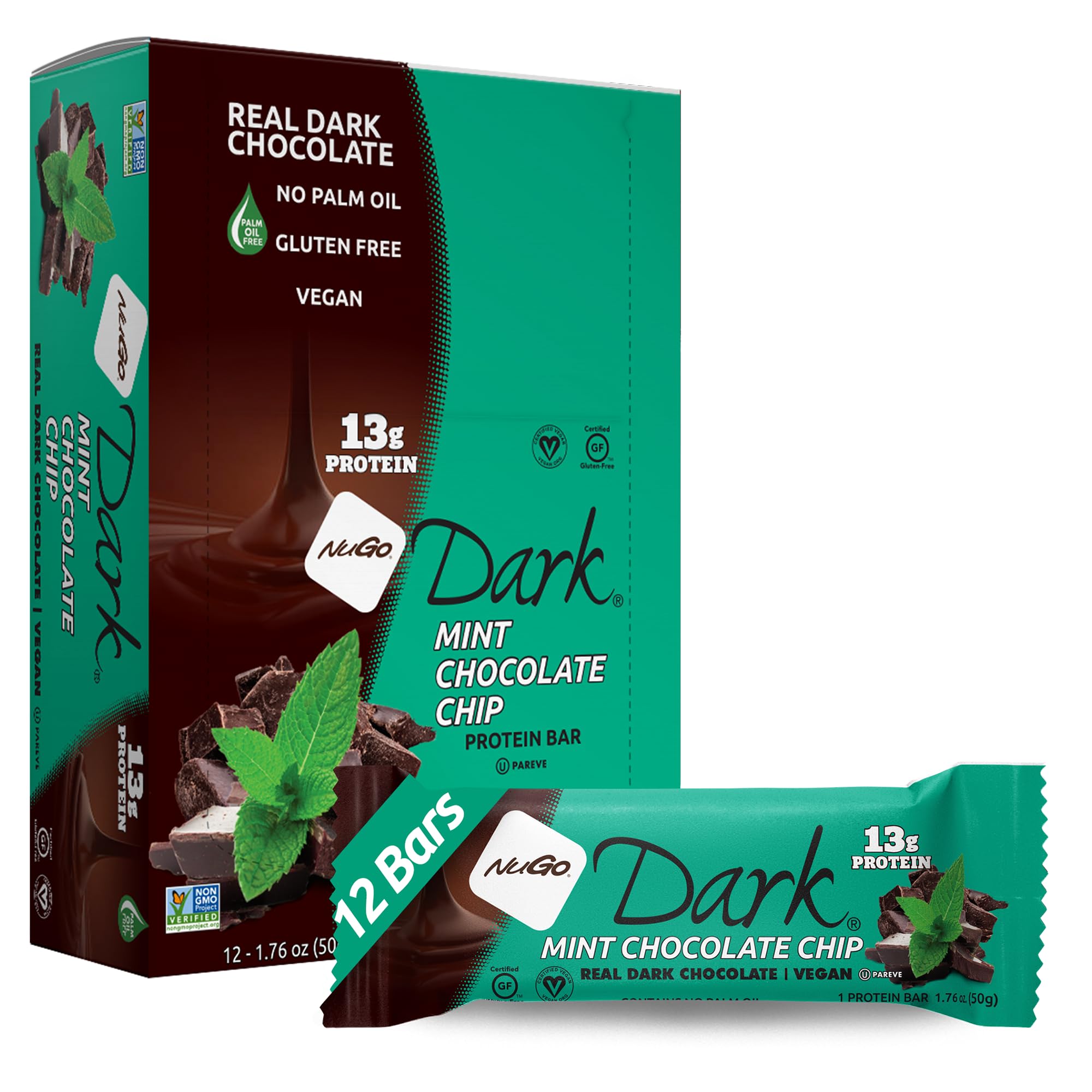 NuGo Dark Nutrition Protein Dairy Free Non GMO Vegan Bars Coconut 50g - Pack of 12 (Mint)