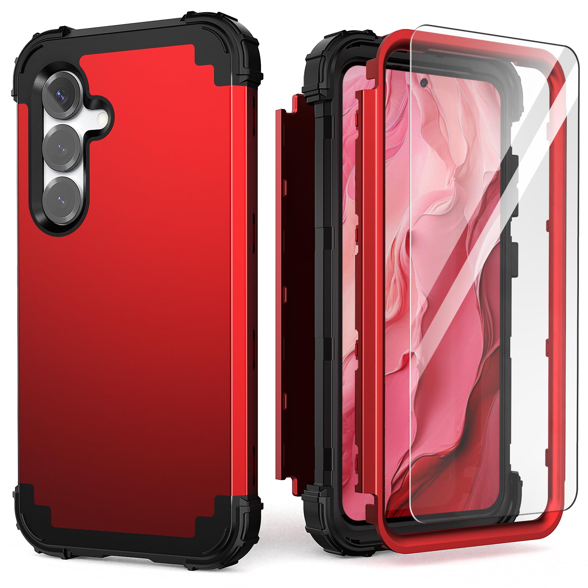 Photo 1 of IDweel for Galaxy S25 Plus 5G Case with Screen Protector, Hybrid 3 in 1 Shockproof Heavy Duty Protection Hard PC Bumper+Soft Silicone Protective Full Body Cover for Galaxy S25 Plus 5G 6.6", Red