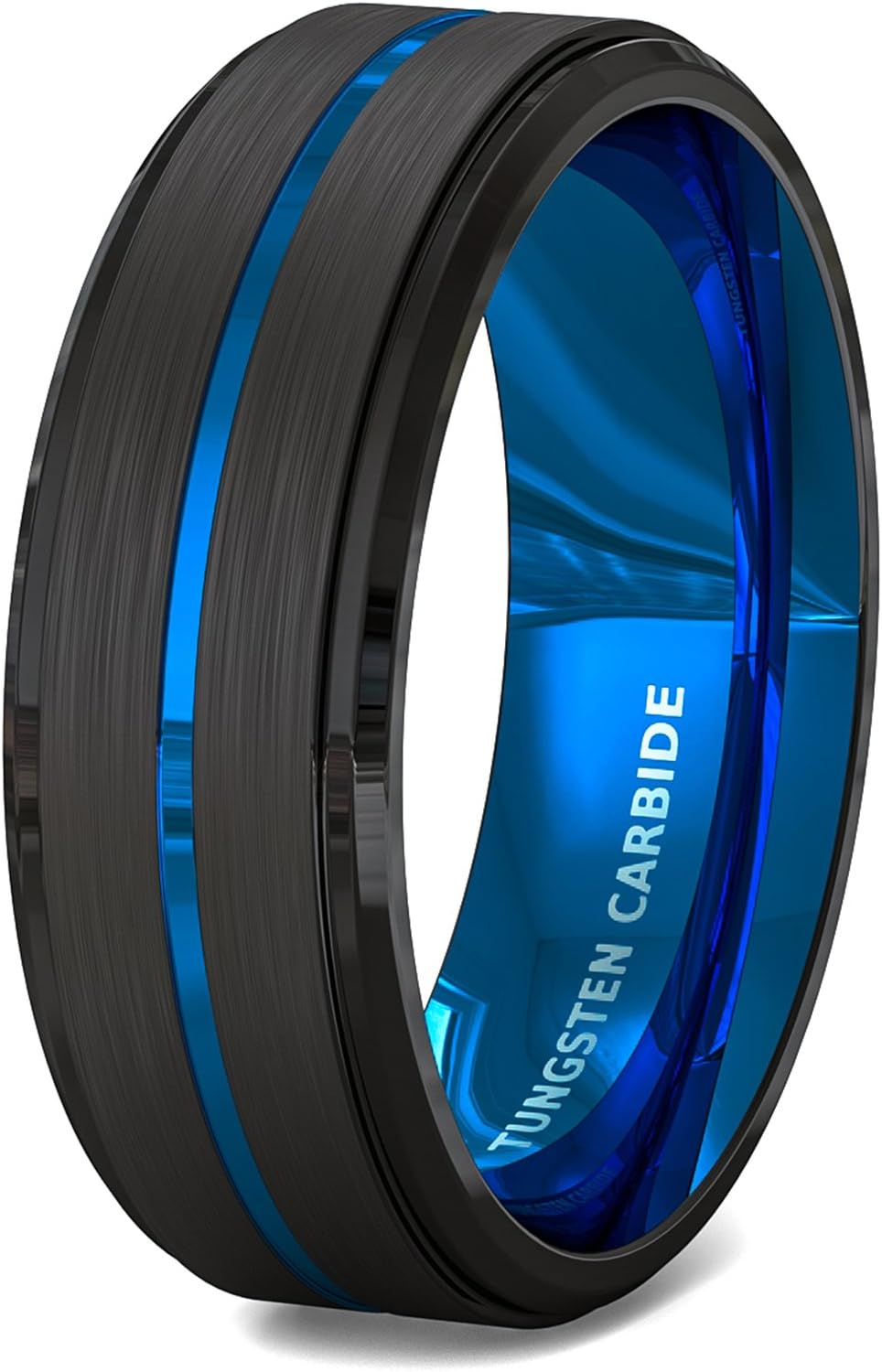 8mm Mens Wedding Band Made in Durable Tungsten Carbide Black Matte Brushed Tungsten Ring for Men Thin Blue Groove Line Step Edge Comfort Fit