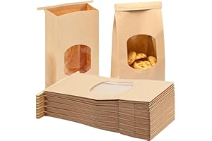 Moretoes 100pcs Medium Bakery Cookie Bags with Window, 4.5x2.36x9.6in Tin Tie Tab Kraft Paper Bags for Cookie Coffee Bread Bakery Packing