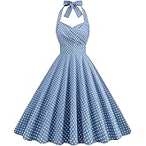 50s Costumes for Women Polka Dot Dress Pin up Rockabilly Dresses Pockets Vintage 50's Dresses 1960s 40s Housewife Dress Bowknot Halter Fit Flare A-line Prom Party Homecoming Dress Light Blue-Ruched XL