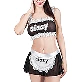 Littleforbig Unisex Adjustable Lacy Strap Mesh Lingerie Loungewear Sissy Maid See-through Bralette Skirted Panties Set