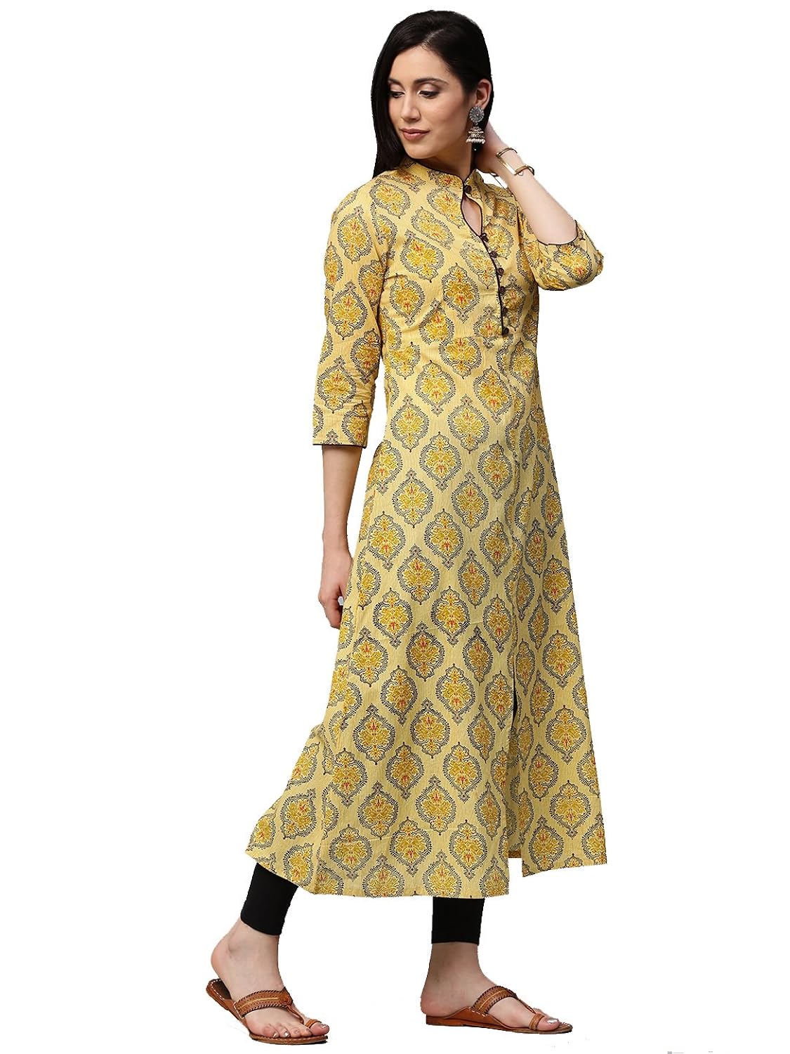 ramrath women's cotton a-line printed kurti (yellow & mustard)