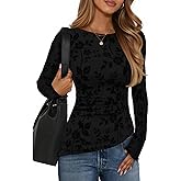 ZESICA Womens Floral Long Sleeve Shirts 2026 Spring Boat Neck Mesh Ruched Tops Fitted Asymmetrical Going Out Blouses
